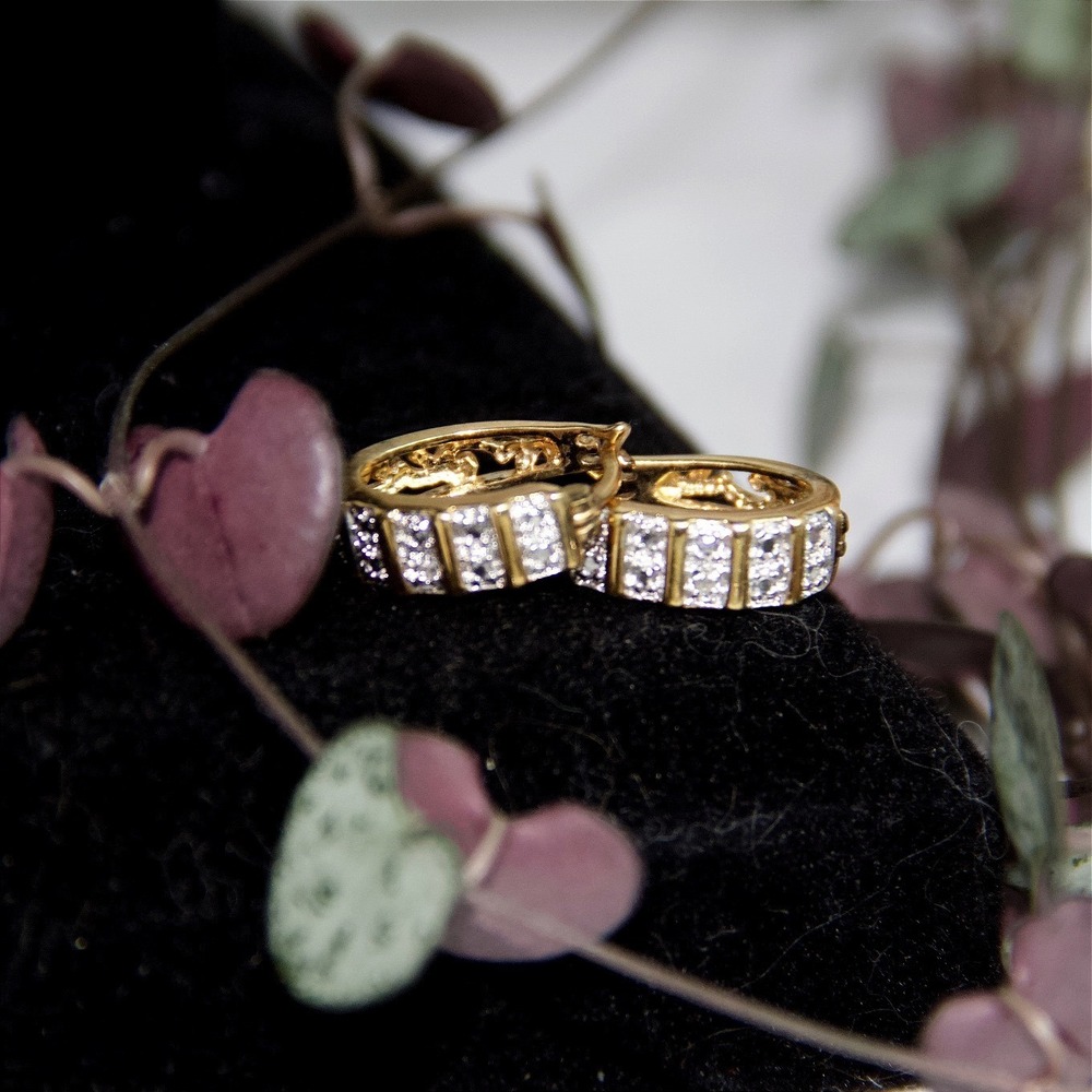 Gold Over Sterling Silver 925 CZ Channel Set Huggie Hoop Earrings Filigree Small